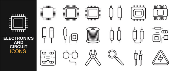 Electronics Circuit Icon Set with Microchips and Components for Technology Design