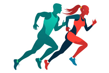 Obraz premium Vector illustration featuring silhouettes of a single running man and woman in formal sports attire, symbolizing fitness, energy, competition, and active lifestyle movement