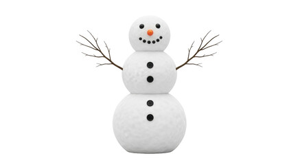 Isolated snowman figure with stick arms, black button details and orange nose on display