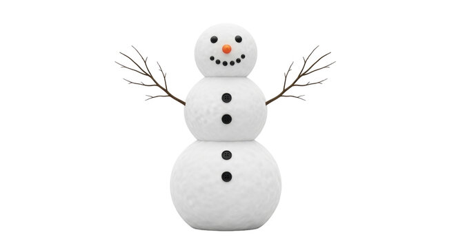 Isolated snowman figure with stick arms, black button details and orange nose on display