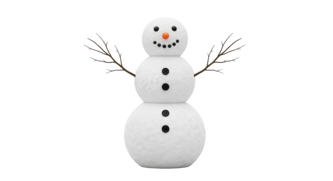 Isolated snowman figure with stick arms, black button details and orange nose on display