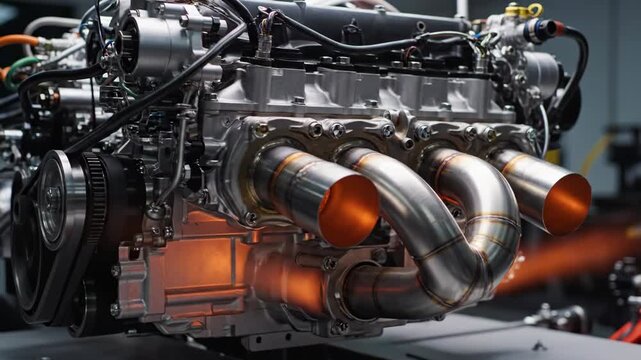 Formula 1 car engine exhaust glowing during testing. Racing engine performance and engineering on a track, footage.
