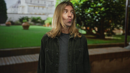 Blond man purses lips and tilts head slightly by building facade with green lawn behind; playfulness.