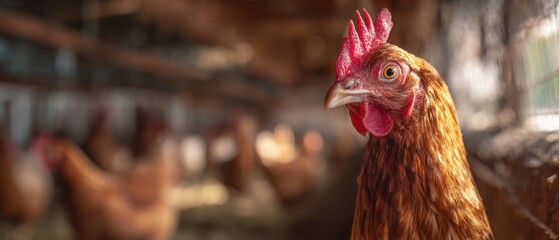 The chicken portrait in a rural poultry farm setting with natural light.