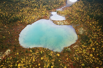 Top view lake autumn forest