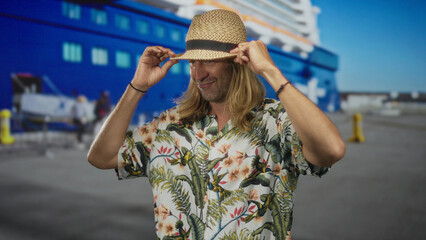 Man adjusts straw hat in building interior while smiling and standing before a vivid ship hull;...