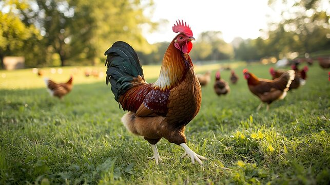 Rooster strutting proudly in a grassy field with other chickens in the background.