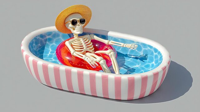 A skeleton relaxing in a pink striped inflatable pool with a donut-shaped float, wearing sunglasses and a straw hat, against a gray background