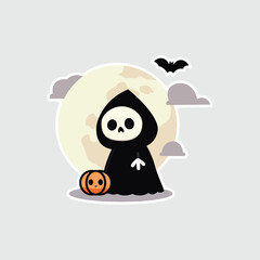 Illustration of a cute black ghost in front of a full moon with a bat above