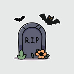 Illustration of a cute grave with bats on it on a grey background