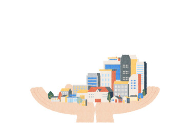 手の上に広がる街並み 水彩風