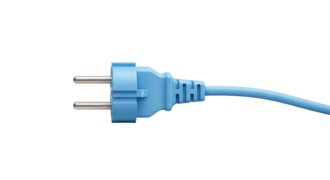 Isolated light-blue European electrical plug, two round pins, power cord, Schuko connector