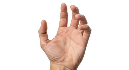 Isolated human hand reaching upward with fingertips and fingers apart, isolated with no background