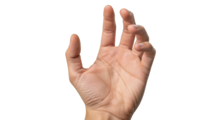 Isolated human hand reaching upward with fingertips and fingers apart, isolated with no background