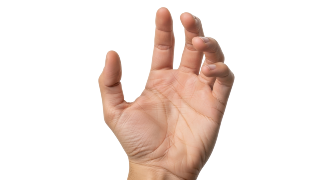 Isolated human hand reaching upward with fingertips and fingers apart, isolated with no background