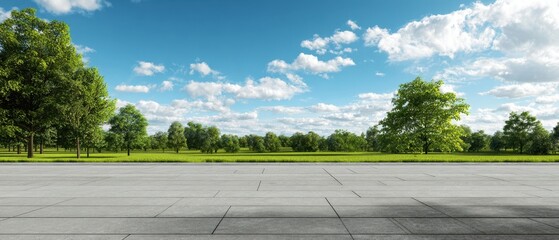 The serene landscape featuring lush trees and a clear blue sky.