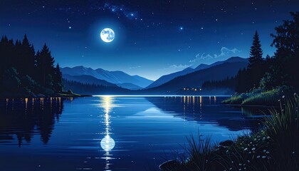 Majestic full moon reflecting in calm water creates a serene nighttime vista, accented by the silhouette of mountain ranges, dense trees, and a sprinkle of stars across a tranquil, dark blue sky,...