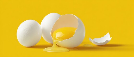 The broken egg revealing a delicious yolk on a vibrant yellow background