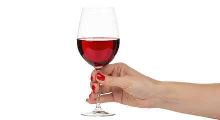 Isolated elegant woman holding a beautiful red wine glass against neutral setting, tasting