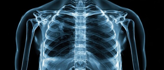 The detailed x-ray image of a human thoracic spine and ribcage.