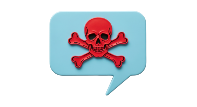 Isolated warning sign with skull and crossbones inside speech bubble, indicating threat