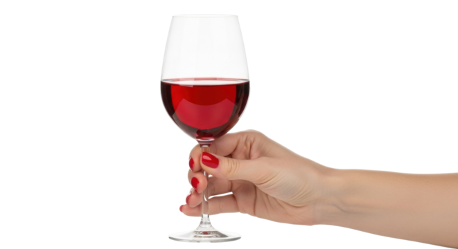 Isolated elegant woman holding a beautiful red wine glass against neutral setting, tasting