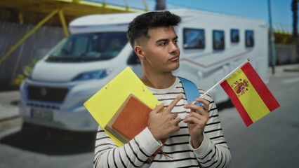 Young man holding spanish flag and notebooks stands thoughtfully on city street against a parked...
