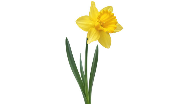 Isolated single yellow daffodil flower with stem, leaves, and petals, springtime perennial