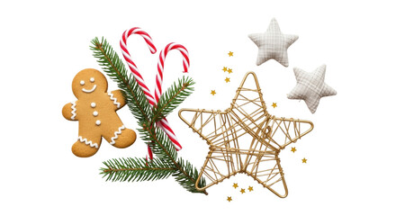 Isolated Christmas holiday arrangement, fir branch, candy cane, gingerbread, star decorations