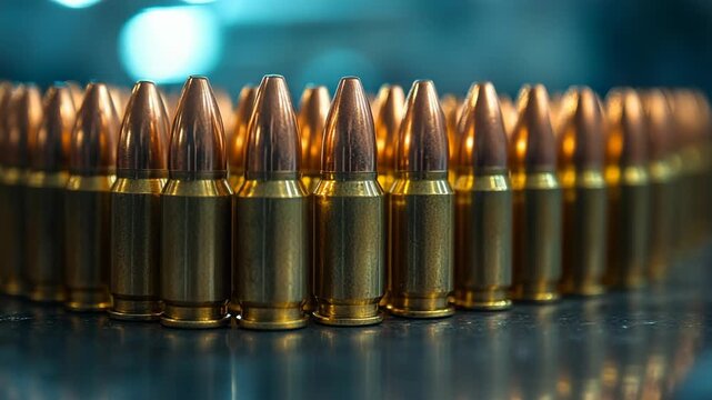 Row of shiny brass bullets standing in formation on reflective surface, ammunition, weapon industry, defense technology, security equipment, ballistic precision, military production tactical readiness