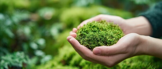 The hands gently cradling vibrant moss in a serene green environment.