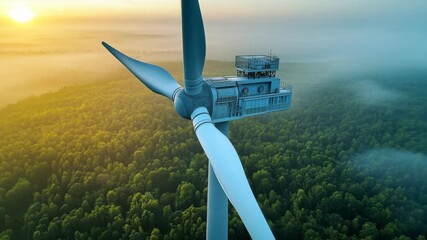 Сontemporary wind turbine rising over lush green forest at golden sunset, representing clean energy, sustainability, eco innovation, renewable electricity, futuristic technology, ecological solutions. - Powered by Adobe