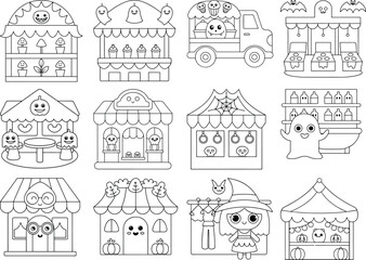 Halloween themed shops and characters in a grid layout Keywords: halloween, shop, store, booth, stall, truck, food truck, cupcake, candy, ghost, pumpkin, bat, witch, skull, mushroom, plant, table