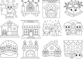 Fototapeta premium Christmas illustrations of Santa, bells, houses, fireplace, and festive scenes for coloring santa claus