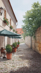 Fototapeta premium Discover the Charm of a Quaint Courtyard Café: A Perfect Blend of Tranquility and Rustic Elegance in an Inviting Outdoor Setting