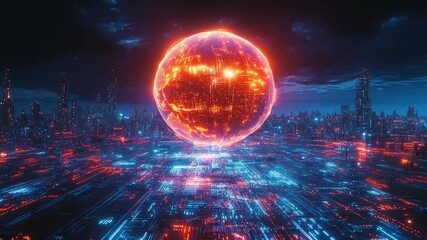 A massive glowing digital sphere hovering above a futuristic cyber city at night, symbolizing technology, innovation, artificial intelligence, science fiction, imagination, futuristic digital power. - Powered by Adobe