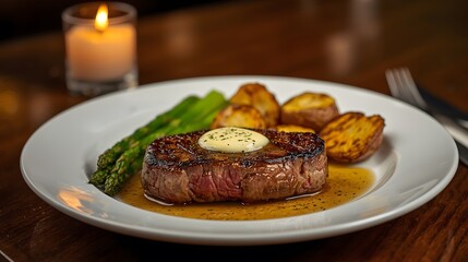 Gourmet Ribeye Steak with Herb Butter and Grilled Asparagus in Luxurious Dining Setting