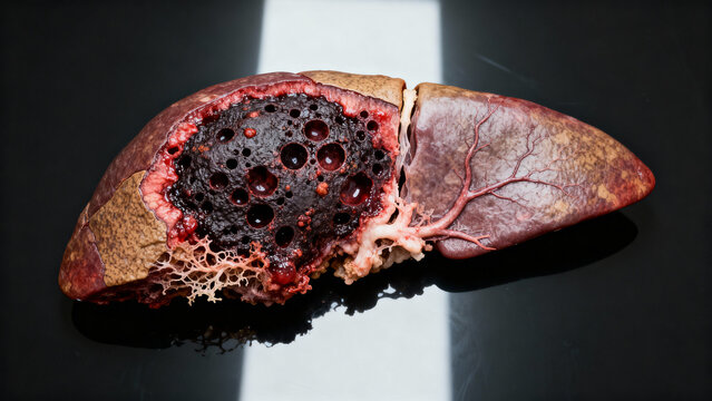 Image of primary liver cancer, specifically hepatic angiosarcoma. Demonstrating the characteristic pathological features of primary hepatic angiosarcoma. 