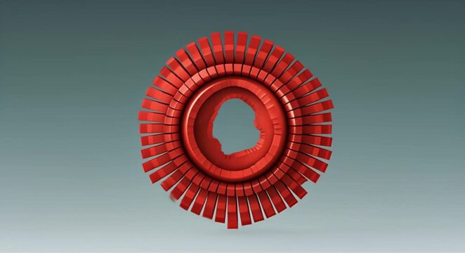 Intricate red mechanical turbine wheel with radial blades against a gradient background
