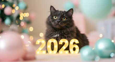 Fluffy gray cat posing behind glowing 2026 numbers in a pastel New Year party setting with baubles and bokeh lights.