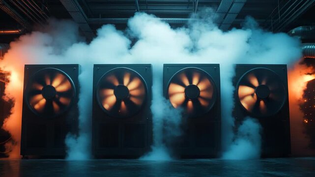 Four large industrial cooling fans releasing thick white smoke inside a dark facility, illuminated with glowing orange light, power, technology, ventilation, cooling systems, industrial engineering.