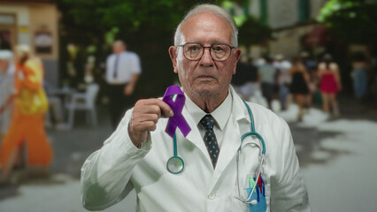 Senior man doctor in uniform holding purple ribbon outdoors on street signifies health awareness...