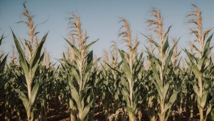 Fototapeta premium Tall Corn Stalks Growing in a Field Under a Clear Blue Sky.