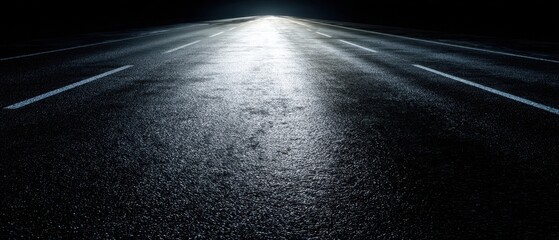 The illuminated asphalt road stretching into the darkness of night.