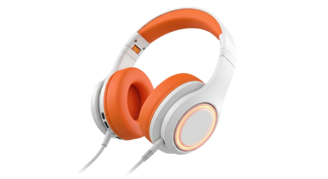 Isolated Headphones set, wireless audio device with orange pads and accents for streaming sound