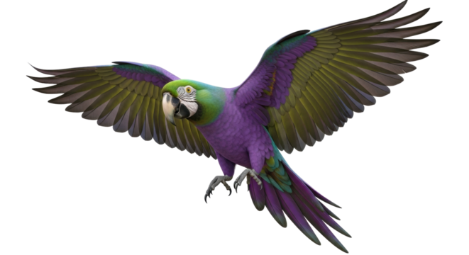 Isolated Colorful Macaw Parrot Bird Spreading Wings Wide Open, Flying in the Air, Front View