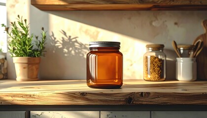 The sun illuminates a rustic wooden countertop and a collection of kitchenware, including a jar, potted plant, and various containers, creating a warm and inviting atmosphere, ideal for food...