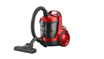 Fototapeta premium Red canister vacuum cleaner for home cleaning and floor care appliance for dust and dirt removal tool on transparent background