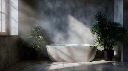 Modern bathroom interior with freestanding bathtub natural sunlight streaming in and lush indoor plants creating a serene spa atmosphere