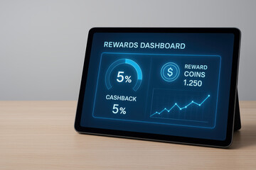 Rewards Dashboard: Digital display of rewards dashboard on tablet, highlighting financial and cashback data and a real-time chart of rewards points.